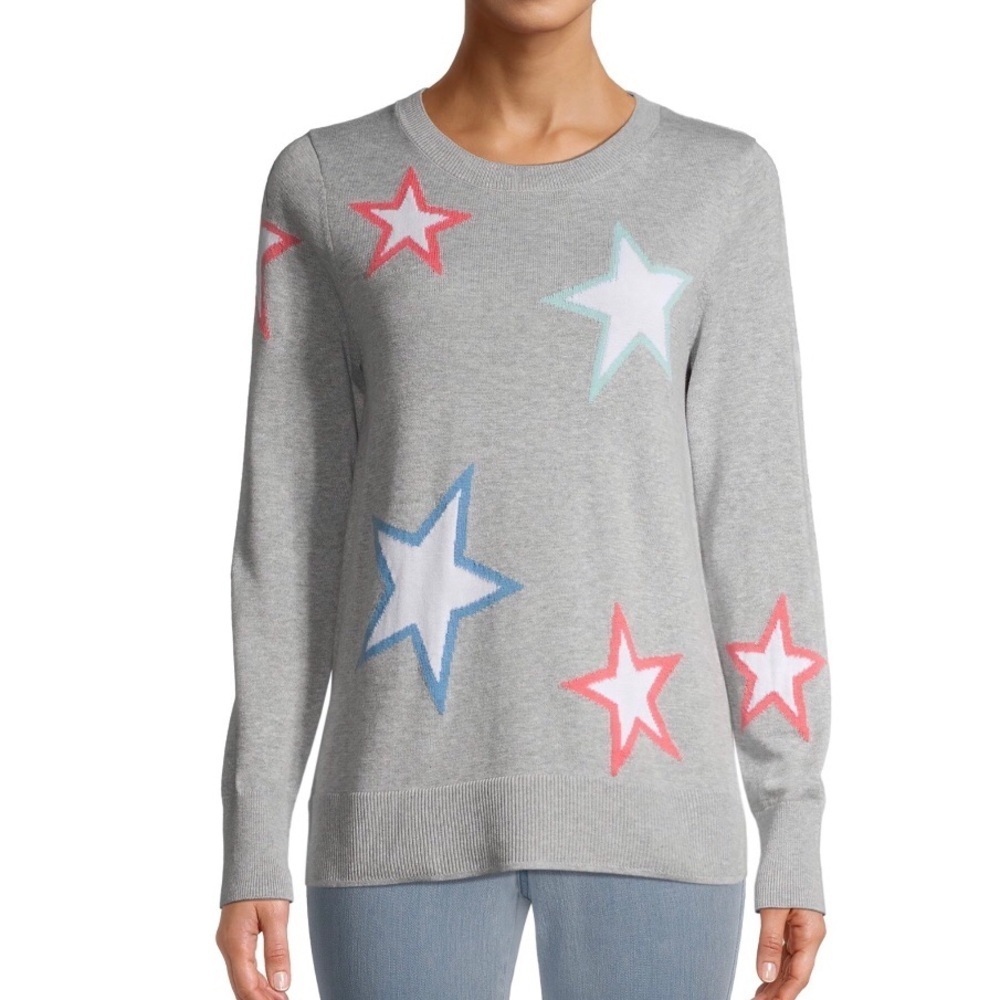 Time & Tru Sweater XXL 20 Gray Knit Pullover Colorful Star Print Cozy Casual